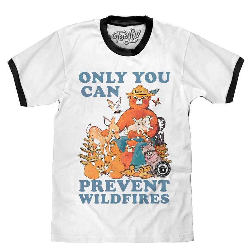 Tee Luv Men's Smokey Bear T-Shirt - Only You Can Prevent Wildfires Ringer Shirt, White/Black, M - Image 1